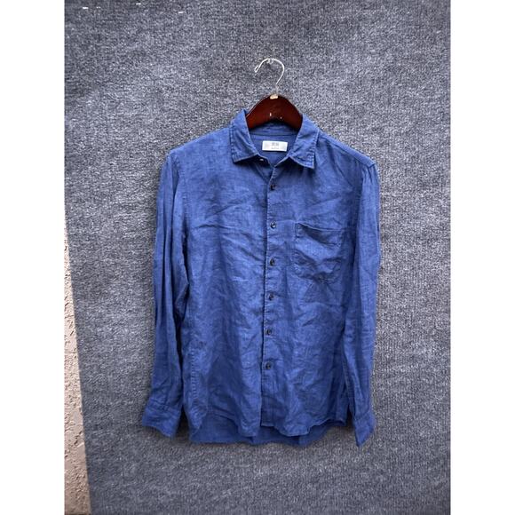Uniqlo Shirt Mens Small Blue 100% Linen Button Up Long Sleeve Casual Pocket - Picture 1 of 6
